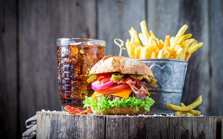 burgers, drinking glass, Fries, food, HD wallpaper