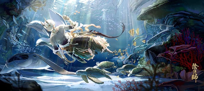 المحارب الخيالي ، الماء ، فن ألعاب الفيديو ، Onmyoji ، TamoTaro، خلفية HD HD wallpaper