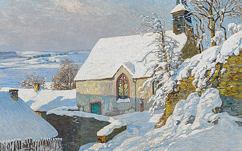 1914年、クリスマスの時期、ドイツの画家、油彩、カンヴァス、デュッセルドルフ美術学校、デュッセルドルフ美術学校、フリッツ・フォン・ヴィレ、フリッツ・フォン・ヴィラ、クリスマス、深い雪に覆われたケルペンの冬の礼拝堂、カーペンの冬の礼拝堂雪、 HDデスクトップの壁紙 HD wallpaper