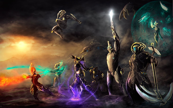 Fantasy-Figuren mit Superkräften als digitales Hintergrundbild, Videospiel, Warframe, Ash Prime (Warframe), Ember (Warframe), Excalibur (Warframe), Frost (Warframe), Loki (Warframe), Mag (Warframe), Nova (Warframe), Rhino(Warframe), Volt (Warframe), HD-Hintergrundbild
