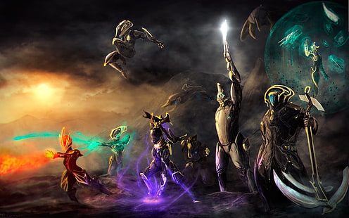 Fantasy-Figuren mit Superkräften als digitales Hintergrundbild, Videospiel, Warframe, Ash Prime (Warframe), Ember (Warframe), Excalibur (Warframe), Frost (Warframe), Loki (Warframe), Mag (Warframe), Nova (Warframe), Rhino(Warframe), Volt (Warframe), HD-Hintergrundbild HD wallpaper