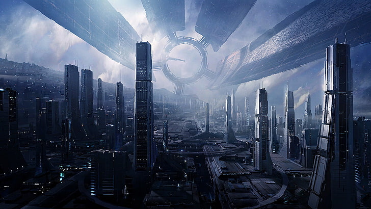 gray city buildings, city scale photo, futuristic, Mass Effect, Citadel, space, nebula, space station, cityscape, skyscraper, digital art, Citadel (Mass Effect), Mass Effect 3, Mass Effect 2, concept art, city, science fiction, aliens, technology, HD wallpaper