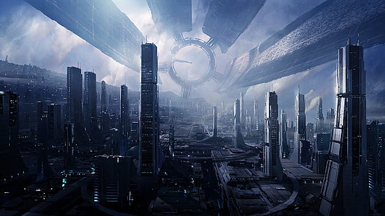 szare budynki miejskie, zdjęcie w skali miasta, futurystyczny, Mass Effect, Cytadela, przestrzeń, mgławica, stacja kosmiczna, pejzaż miejski, wieżowiec, sztuka cyfrowa, Cytadela (Mass Effect), Mass Effect 3, Mass Effect 2, grafika koncepcyjna, miasto, science fiction , kosmici, technologia, Tapety HD HD wallpaper