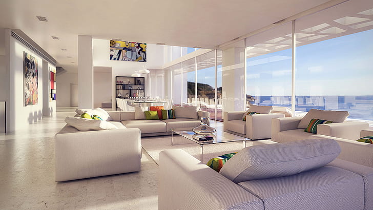 Villa, interior, sala de estar, sala de jantar, espaço vivo, vivenda de luxo, HD papel de parede