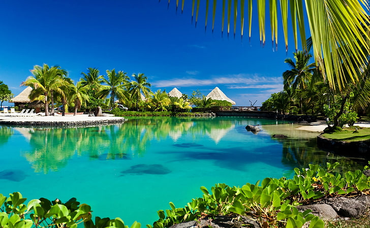 Tropical Island Swimming Pool Resort, beach and huts, Seasons, Summer, HD wallpaper