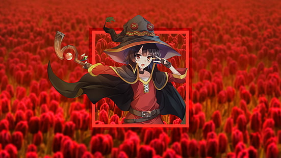 Megumin, Kono Subarashii Sekai ni Shukufuku wo !, röda blommor, HD tapet HD wallpaper