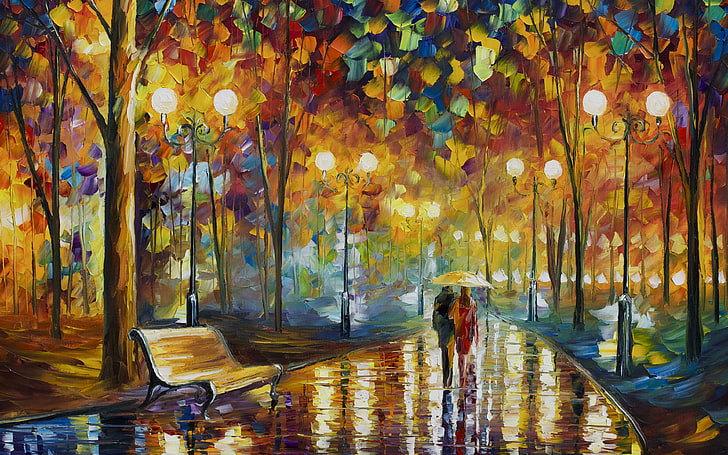 malowanie pary spacerującej po ulicy otoczonej drzewami trzymającej parasolkę, malowanie, park, deszcz, drzewa, światła, dzieło sztuki, para, odbicie, noc, ławka, Leonid Afremov, Tapety HD