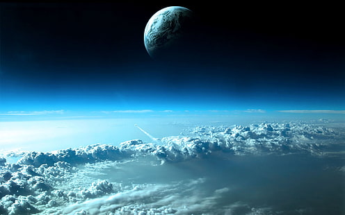 خلفية الكوكب ، الفضاء ، الأرض ، الغيوم ، القمر ، الكوكب ، العمل الفني ، الفن الرقمي ، فن الفضاء ، الغلاف الجوي، خلفية HD HD wallpaper