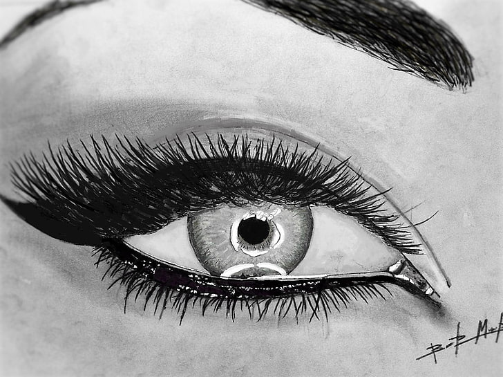 black and white feather print textile, eyes, drawing, HD wallpaper