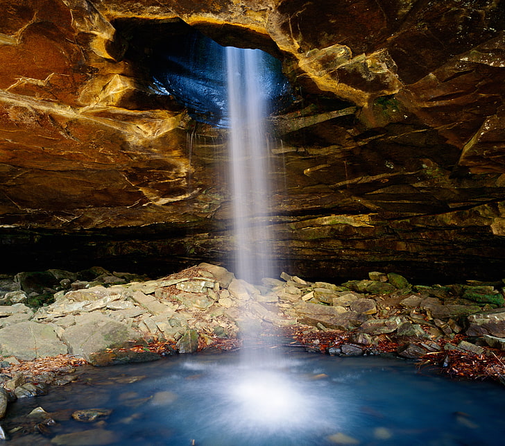 скала, камъни, водопад, пещера, САЩ, Арканзас, HD тапет