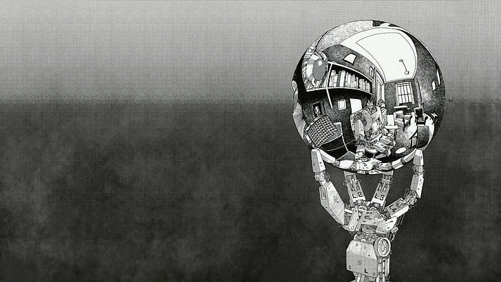 m c_ escher robot reflet de sphère monochrome, Fond d'écran HD