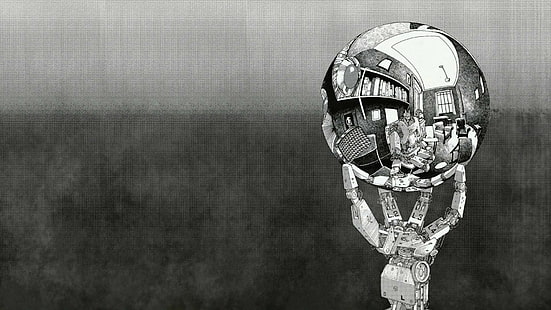 m c_ escher robot monochrome sphere reflection, HD wallpaper HD wallpaper