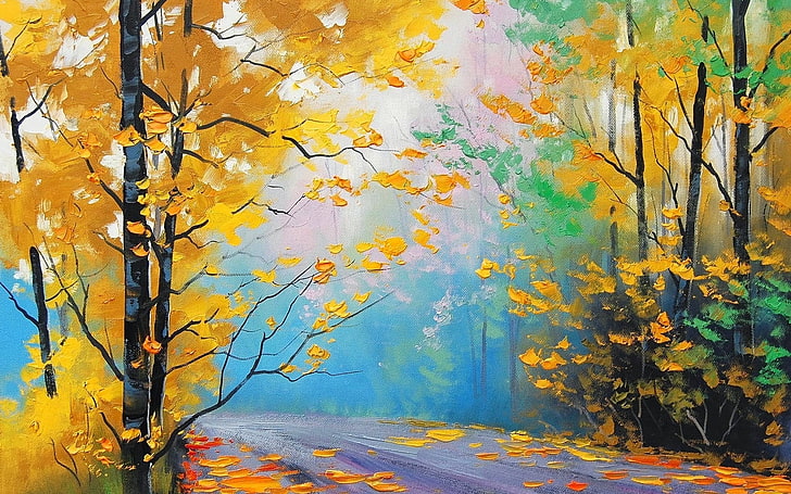 yellow and brown trees painting, fall, painting, trees, leaves, park, Graham Gercken, forest, artwork, HD wallpaper