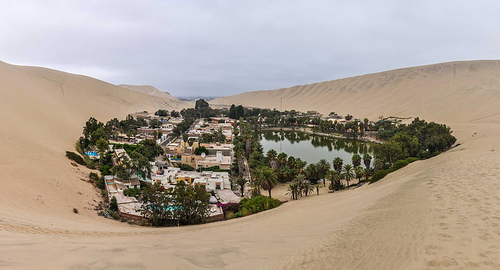 Natur, Landschaft, Wüste, Sand, Oase, Wasser, Palmen, See, Gebäude, Bäume, Dorf, Schwimmbad, Peru, Südamerika, HD-Hintergrundbild