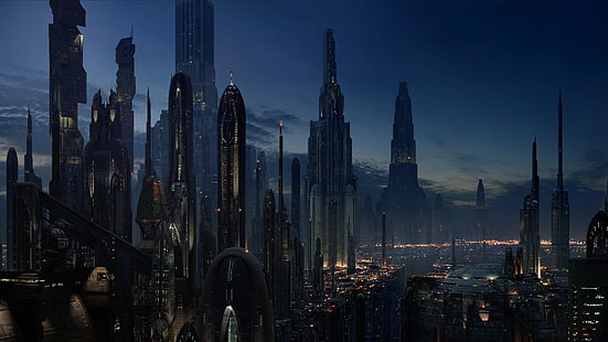 paisagem urbana, metrópole, ficção científica, arranha-céus, linha do horizonte, arte da fantasia, cidade da fantasia, futurista, futuro, cidade futurista, cidade, noite, HD papel de parede HD wallpaper