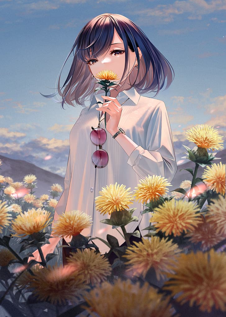 Sawasawa, vertical, anime girls, brunette, shoulder length hair, sky, looking at viewer, glasses, sunglasses, brown eyes, flowers, yellow flowers, flower in mouth, clouds, shirt, white shirt, earring, jewelry, field, mountains, watch, women outdoors, collared shirt, Pixiv, HD wallpaper