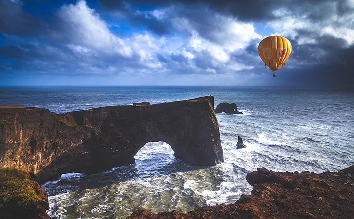 Hot Air Balloon, Dyrholaey Arch, Iceland, Europe, Iceland, Ocean, View, Travel, Nature, Landscape, Balloon, Flying, Journey, Photoshop, Trip, dom, Island, Cloudy, Peninsula, Arch, Aerial, Outdoors, Coast, Stormy, Adventure, Discovery, Explore, excursion, places, visit, landmarks, hotairballoon, vesturskaftafellssysla, dyrholaey, HD wallpaper