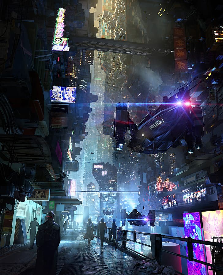 Eddie Del Rio, cyberpunk, neon lights, neon sign, futuristic city, flying car, HD wallpaper