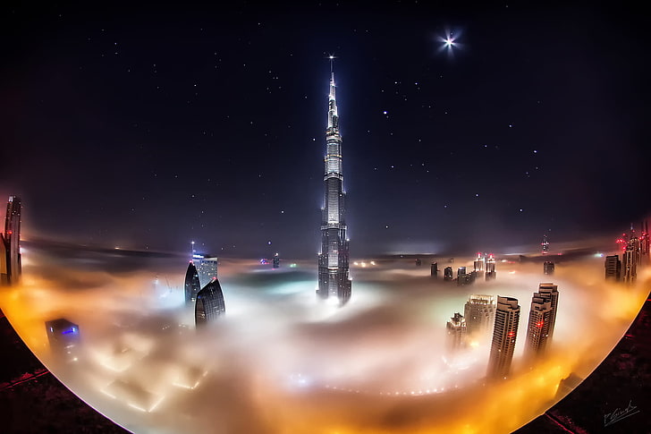 Burj Khalifa, étoiles, nuages, nuit, la ville, brouillard, Dubaï, gratte-ciel, Émirats Arabes Unis, Burj Khalifa, Fond d'écran HD
