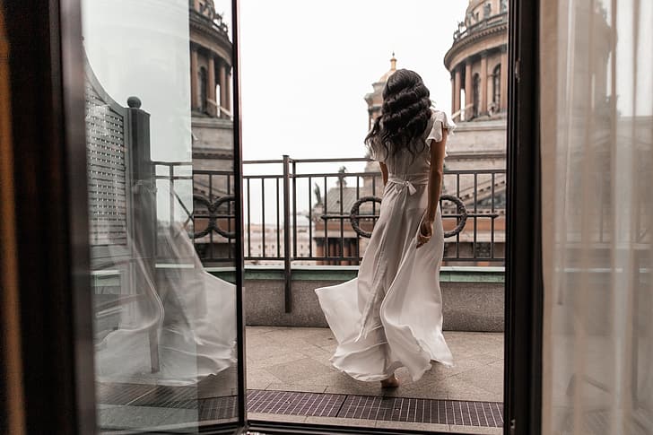girl, dress, brunette, balcony, curls, Юлия Семёнова, HD wallpaper