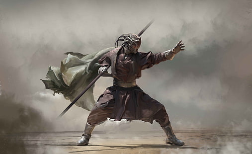 رجل يحمل عصا بنية ، محارب ، فن الخيال ، عمل فني، خلفية HD HD wallpaper