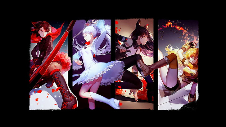Vier weibliche Zeichentrickfiguren, RWBY, Ruby Rose (Figur), Weiss Schnee, Blake Belladonna, Yang Xiao Long, HD-Hintergrundbild