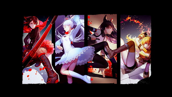 Vier weibliche Zeichentrickfiguren, RWBY, Ruby Rose (Figur), Weiss Schnee, Blake Belladonna, Yang Xiao Long, HD-Hintergrundbild HD wallpaper