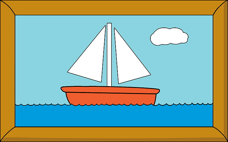 белый и оранжевый парусник иллюстрация, корабль, картинка, рамка, море, симпсоны картинка, HD обои