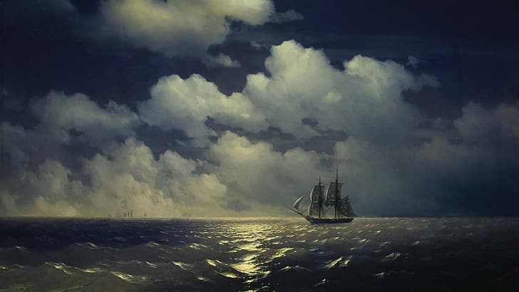 sailing ship, ship, ocean view, Ivan Aivazovsky, clouds, waves, calm waters, Oil on canvas, warship, Russian Navy, Brig, horizon, oil painting, HD wallpaper