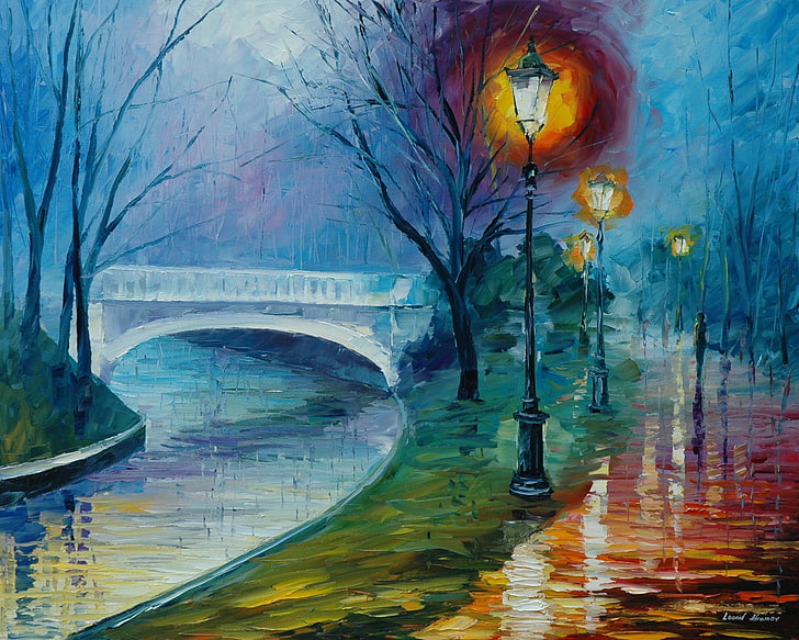 farolas negras cerca de la pintura del puente, carretera, agua, luz, río, lluvia, luces, clima, el puente, Leonid Afremov, Fondo de pantalla HD