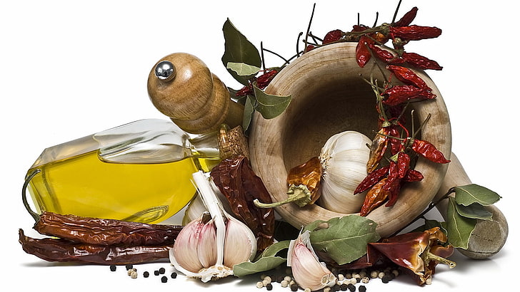 garlic and pepper illustraion, spices, garlic, pepper, bay leaf, oil, HD wallpaper