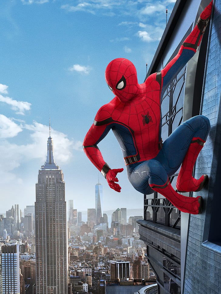 Homecoming Spider-Man (Film), Peter Parker, Spider-Man, cityscape, superhero, tampilan potret, Wallpaper HD, wallpaper seluler