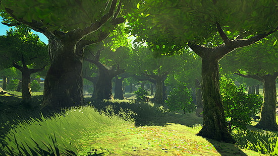 Легендата за Зелда, botw, Легендата за Зелда: Дъхът на дивата природа, гора, трева, Cemu, снимка на екрана, изкуство за видеоигри, пейзаж, листа, HD тапет HD wallpaper