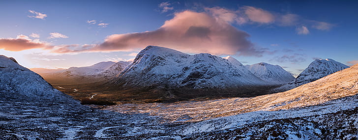 青空の下で雪に覆われた山、グレンコー、スコットランド、グレンコー、スコットランド、夜明け、グレンコー、スコットランド、山、青空、Buachaille Etive Mor、West Highlands、自然、雪、山のピーク、風景、屋外、風景、空、氷、 旅行、 HDデスクトップの壁紙