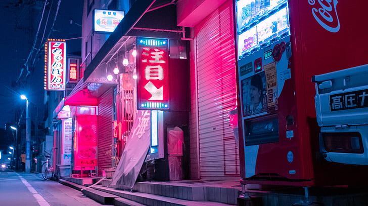 Japan, city, neon, vending machine, night, Tokyo, HD wallpaper