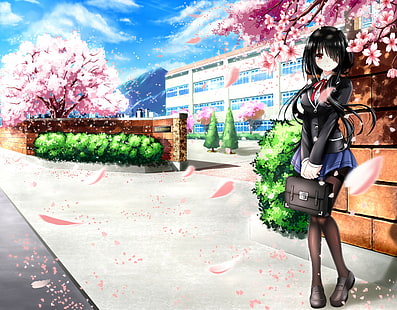 anime, anime kız, Date A Live, Tokisaki Kurumi, bulutlar, uzun saç, yaprakları, gökyüzü, bahar, twintails, HD masaüstü duvar kağıdı HD wallpaper