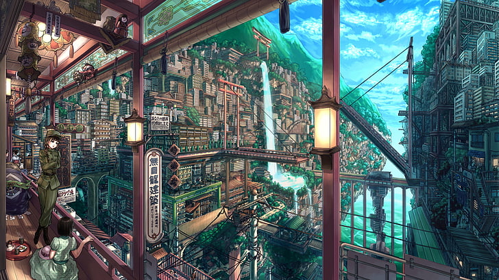 balcony, waterfall, anime, anime girls, cityscape, HD wallpaper