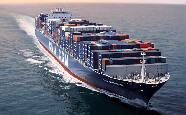 niebiesko-biały statek towarowy CMA CGM, morze, niebieski, deska, statek, ładunek, kontenerowiec, zbiornik, w ruchu, CMA CGM, MEDEA, Tapety HD