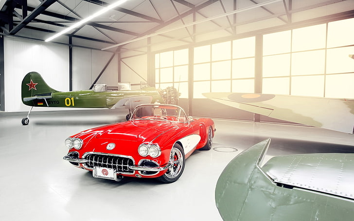 luz, rojo, puesta a punto, Windows, Corvette, Chevrolet, hangar, unidades, clásico, el frente, avión, 1959, por Pogea Racing, Custom, Fondo de pantalla HD
