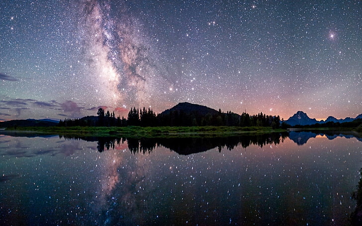 foto de la galaxia, las montañas y el cuerpo de agua, naturaleza, paisaje, noche estrellada, Vía Láctea, lago, reflejo, montañas, larga exposición, Fondo de pantalla HD