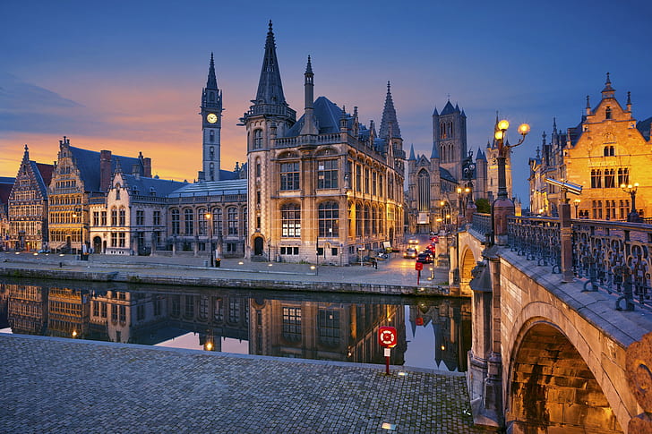 Gent, Flandern, Belgien, Brücke, Fluss, Lichter, Haus, Belgien, Nacht, Gent, Flandern, HD-Hintergrundbild