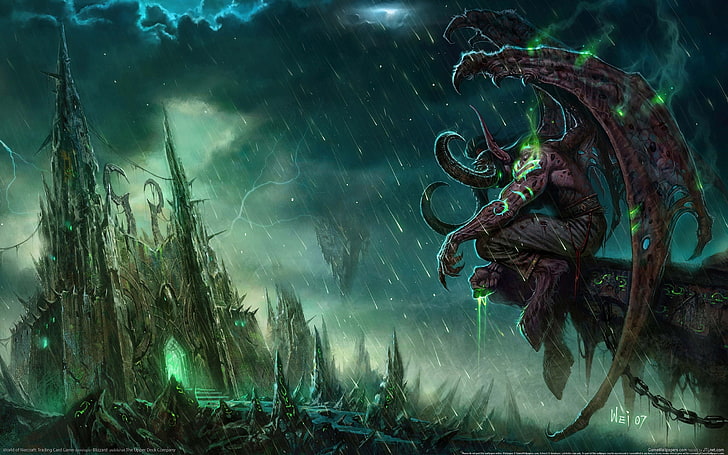 Warcraftのイラスト、World of WarcraftのIllidan Stormrage：The Burning Crusade、Illidan Stormrage、Black Temple、ファンタジーアート、World of Warcraft、ビデオゲーム、 HDデスクトップの壁紙