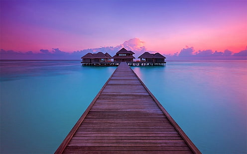 brown wooden dock, landscape, nature, walkway, dock, spa, resort, tropical, clouds, sea, beach, calm, turquoise, HD wallpaper HD wallpaper