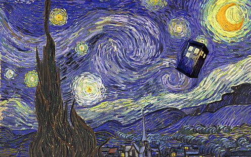 Starry Night painting, Doctor Who, Vincent van Gogh, TARDIS, HD wallpaper HD wallpaper