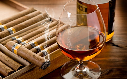 copa de brandy transparente, cigarros, fotografía, vidrio, Cohiba, Fondo de pantalla HD HD wallpaper