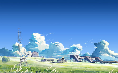 Anime Landscape Drawing HD, поле със зелена трева при дневна живопис, дигитално / произведение на изкуството, аниме, пейзаж, рисунка, HD тапет HD wallpaper