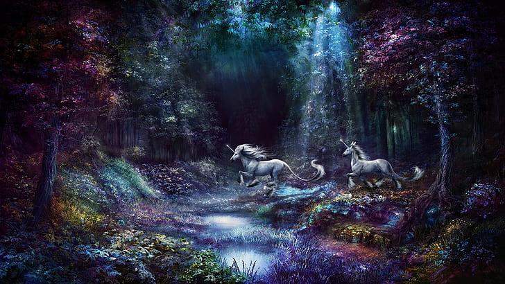 forest, purple, grass, rays, light, trees, flowers, nature, pond, stream, fantasy, lilac, jump, shore, vegetation, two, swamp, horses, beauty, tale, picture, horse, art, running, pair, unicorn, walk, river, white, fairy forest, myth, mythical creatures, fabulously, unicorns, two unicorns, HD wallpaper