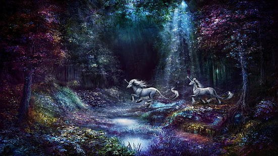 forest, purple, grass, rays, light, trees, flowers, nature, pond, stream, fantasy, lilac, jump, shore, vegetation, two, swamp, horses, beauty, tale, picture, horse, art, running, pair, unicorn, walk, river, white, fairy forest, myth, mythical creatures, fabulously, unicorns, two unicorns, HD wallpaper HD wallpaper