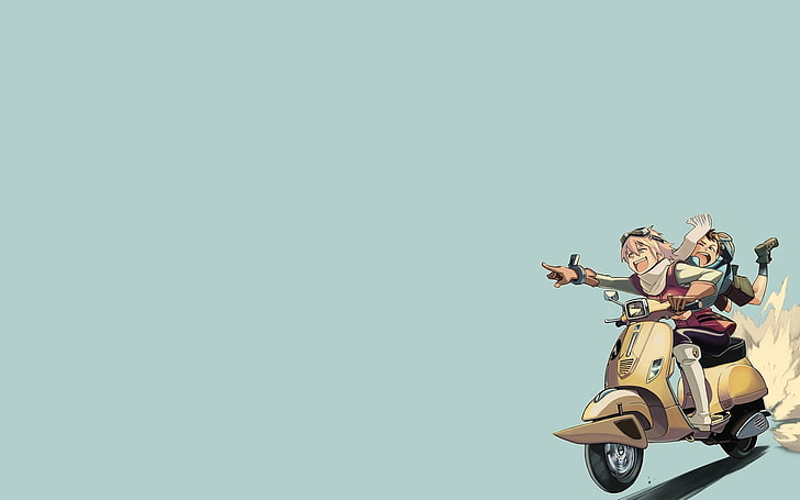 två animerade karaktär ridning scooter digital tapeter, FLCL, anime, Vespa, fordon, HD tapet