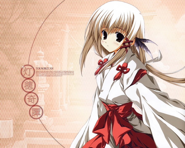 wallpaper karakter anime wanita berambut putih, miko, tousui kitan, girl, blonde, kimono, Wallpaper HD